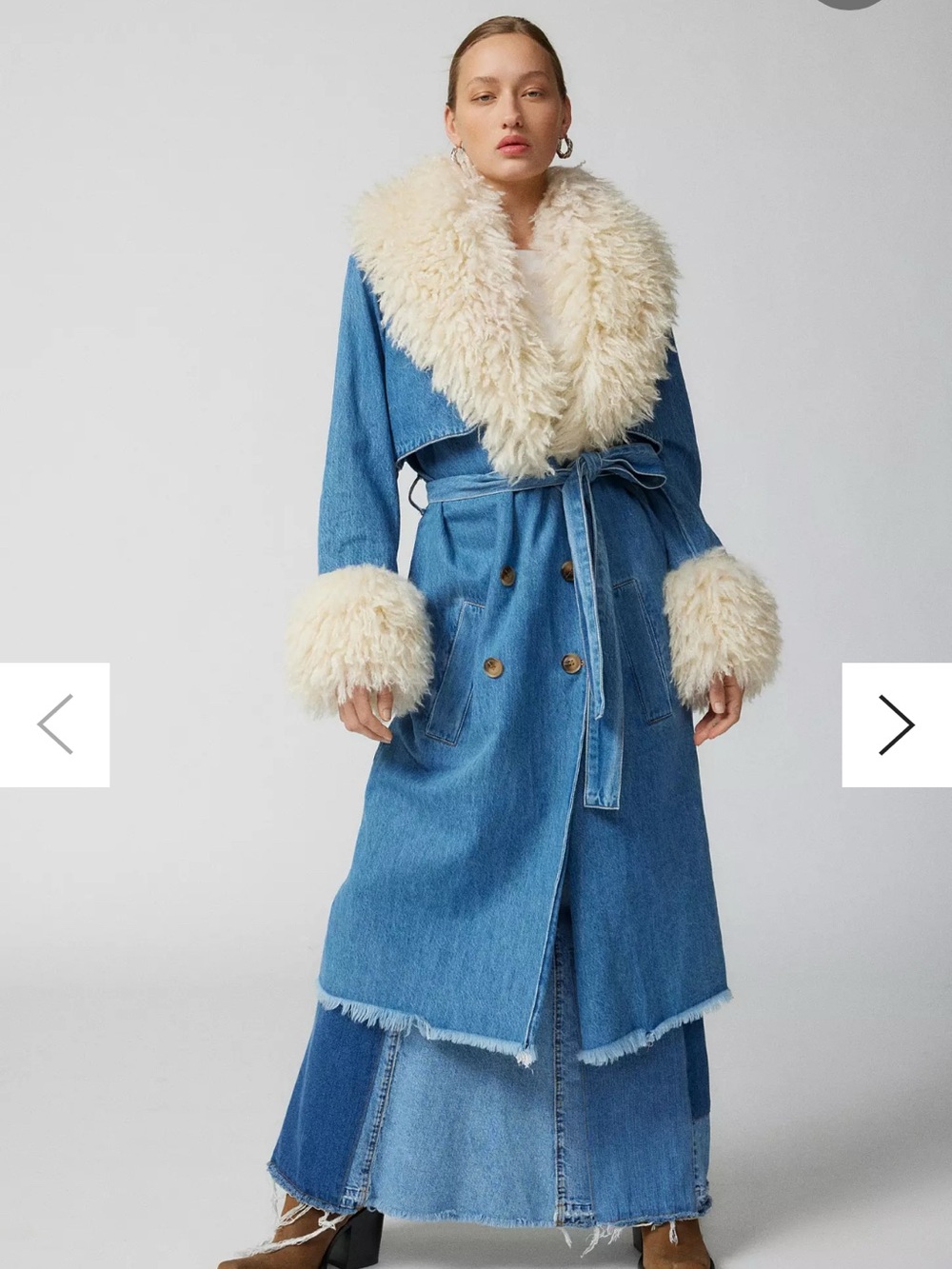 BLANKNYC Blue Crash Course Denim Trench Coat with Cream Faux Shearling